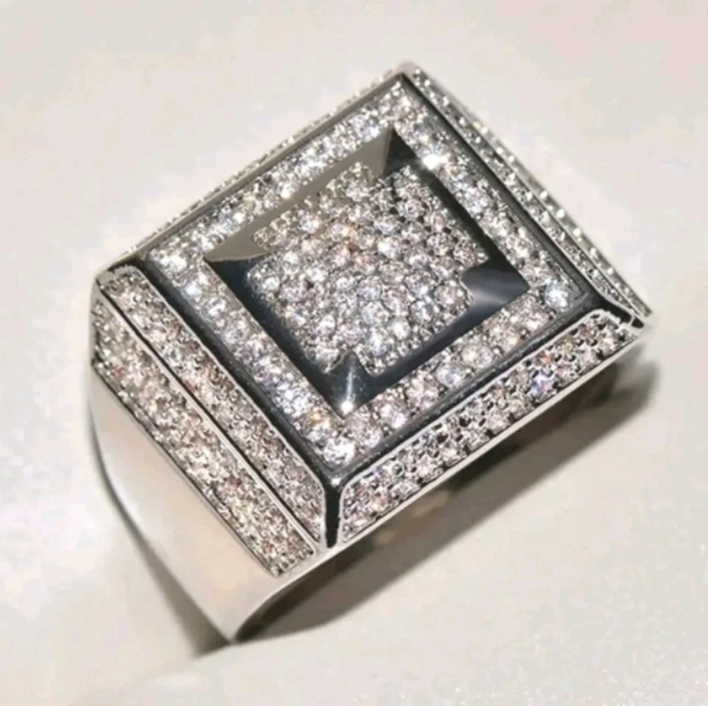 Mens Silver and Black Square Ring Sz 8